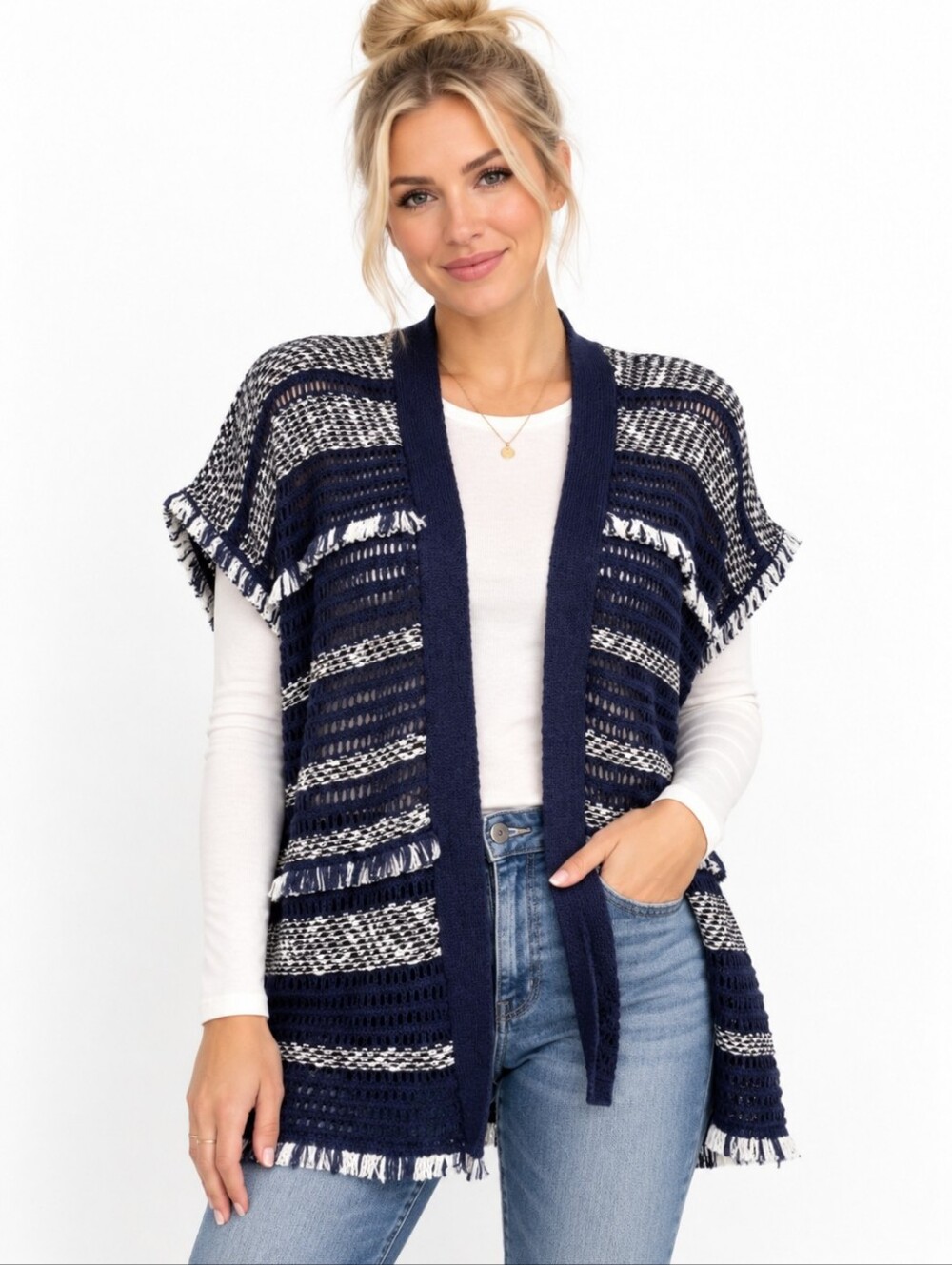 Lucky Brand Navy White Open Knit Fringe Sweater Vest XS Boho